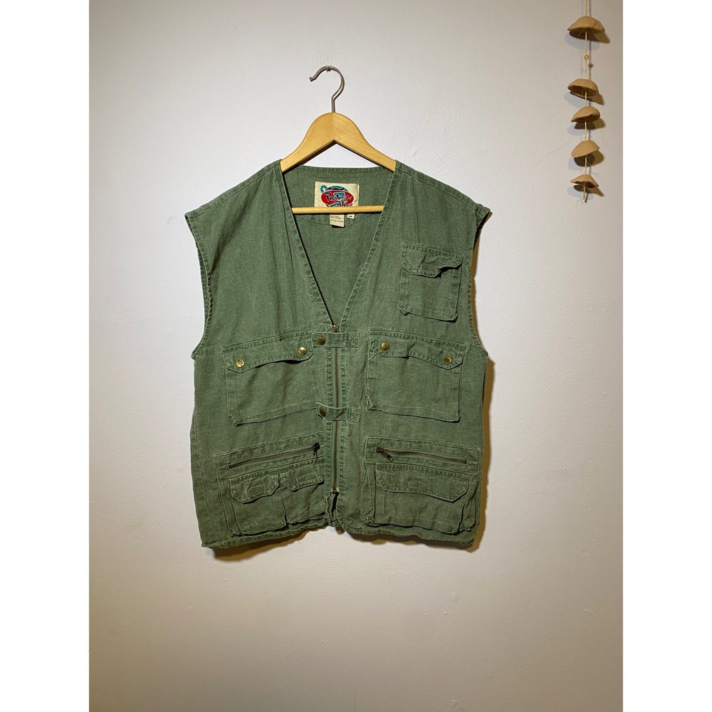 Vintage Green Protest Blues Utility Fishing Vest Linen Cotton Blen Mens Medium